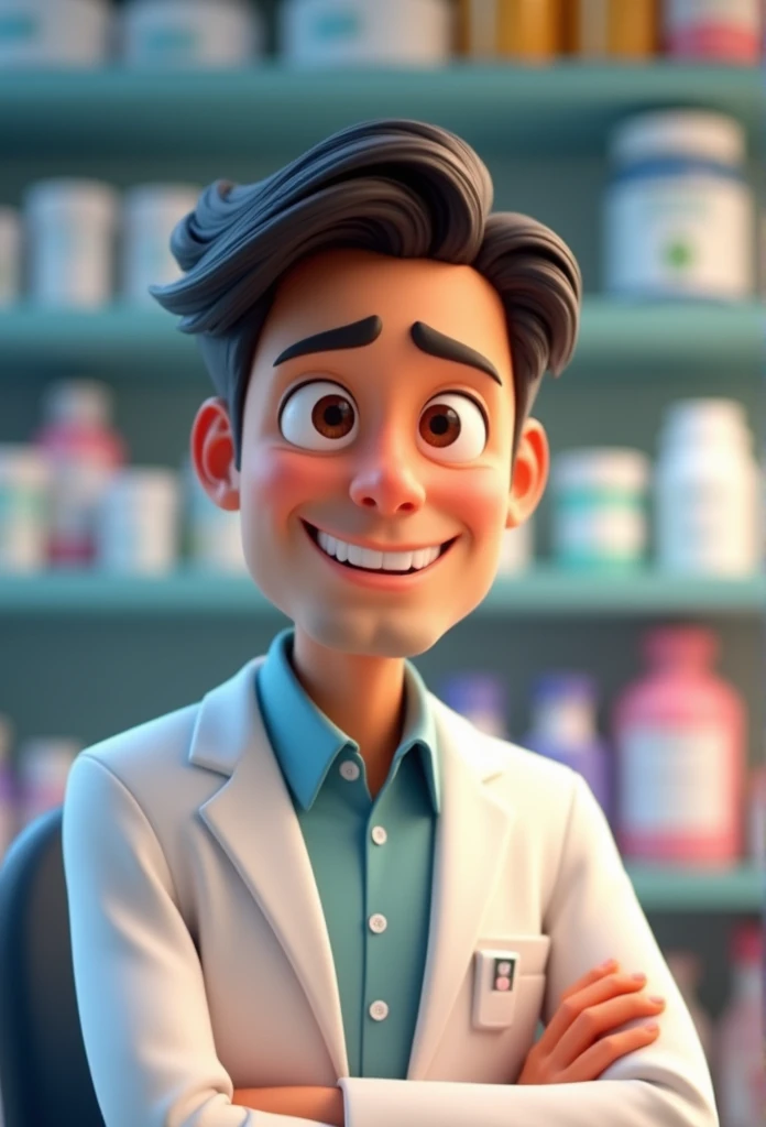 Cartoon character of a 25 year old man, dark haired, eyes browns, dressed in a white coat in a pharmacy an animated character, stylized character, animation style rendering, 3d stylized, Arnold Maya rendering, Stylized 3D rendering, toon render screenshot, 3d character, 3d character, Stylized 3D rendering, 3D character rendering, cartoon character, Personagem de close up, character posing, (Pixar-style) (master part:1.2) (bokeh) (best qualityer) (skin detailed) (detailed texture) (8k) (Argilla) (cinematic lighting) (sharp focus，Sit down and lift your upper body