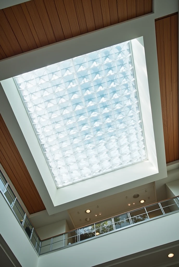 Circular polycarbonate skylight in a quadruple height square shape in a hospital with a brown palm leaf roof without much texture