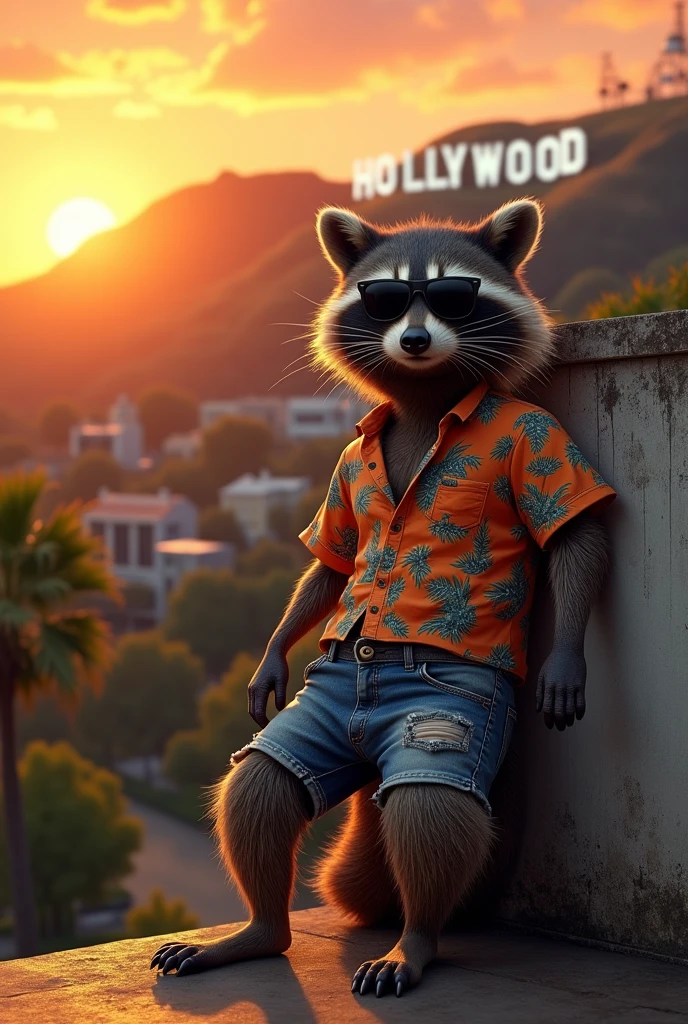 Realistic Adult Raccoon, with dark rayban sunglasses, Hawaiian blouse, jeans corti, leaning against a low wall and in the background the Hollywood sign at sunset