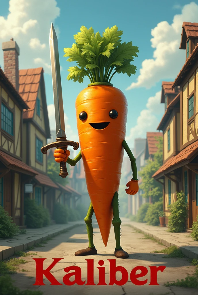 carrot holding a sword, town background, with the word kaliber under it in bloody letters.