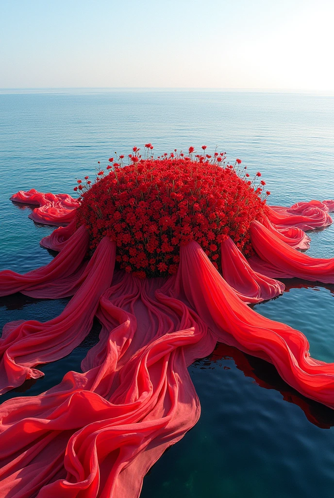 Land art in the sea with fabrics Red flowers theme


