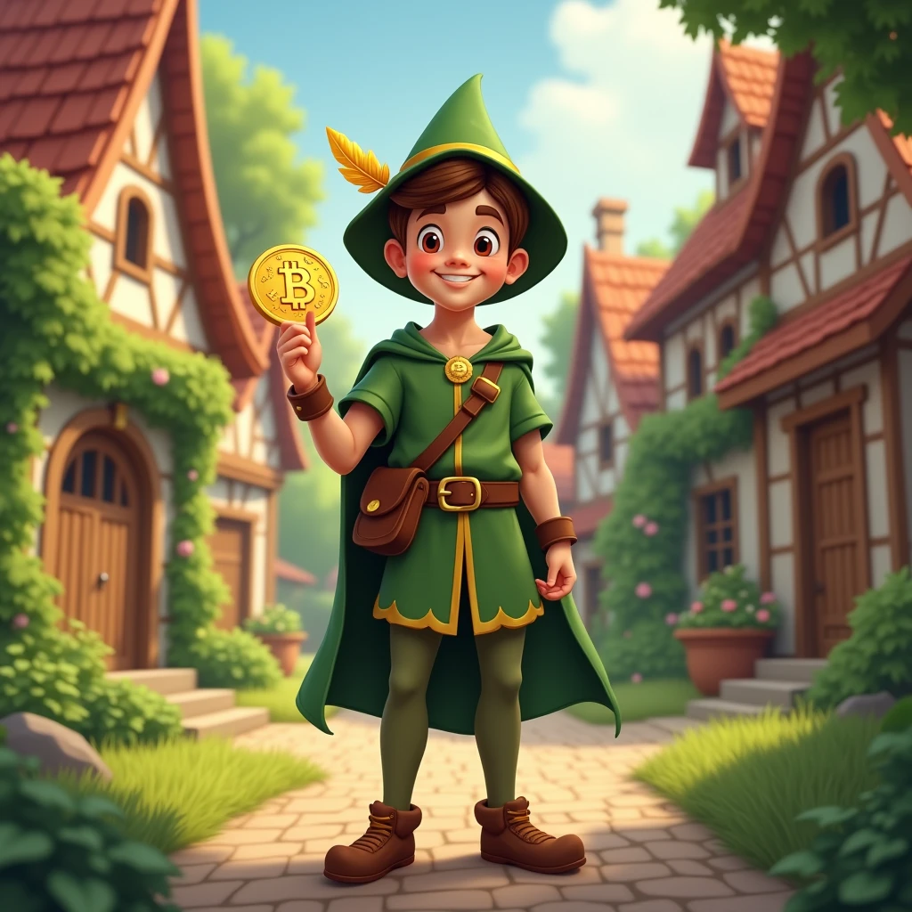 Smiling and holding Crypto coin teen Robin Hood looking to the camera in a village