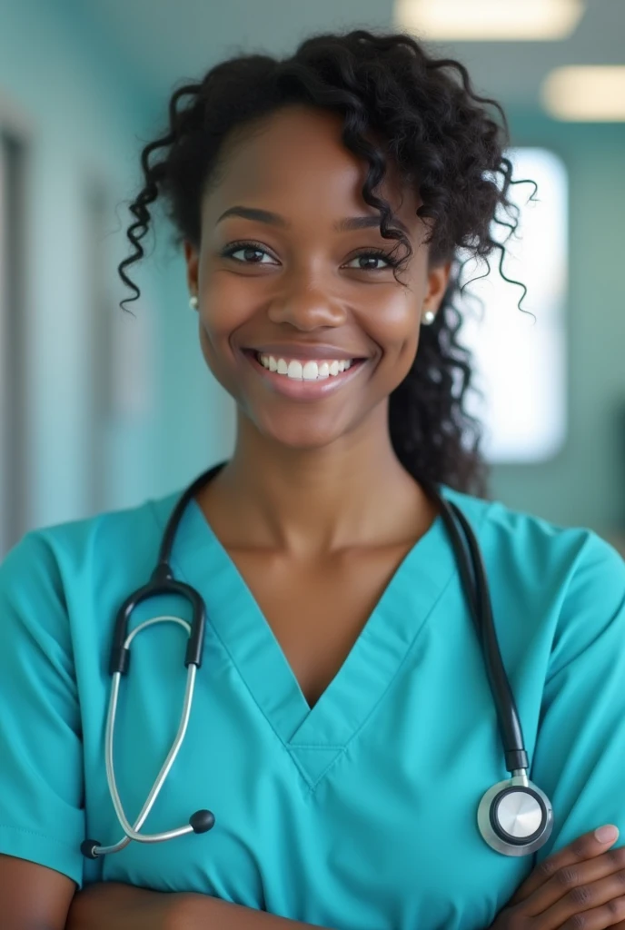 A real image of an African American nurse in the hospital smiling