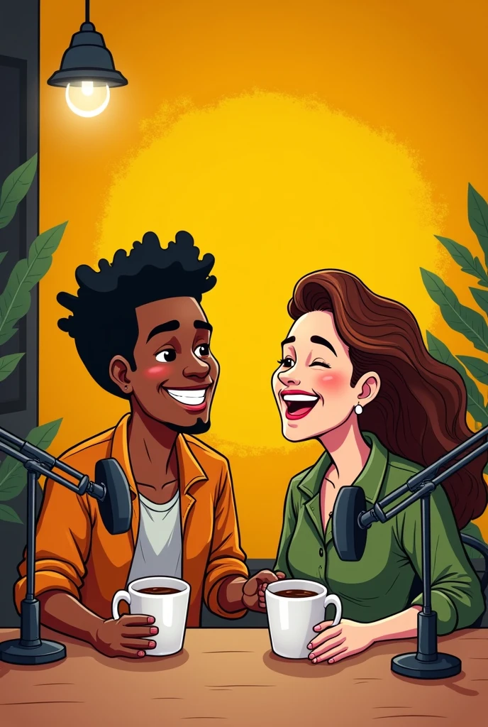 Cartoon of a couple of best friends, a dark-skinned man and a white woman who make a podcast called Café y Canela with the colors yellow and black and they laugh non-stop