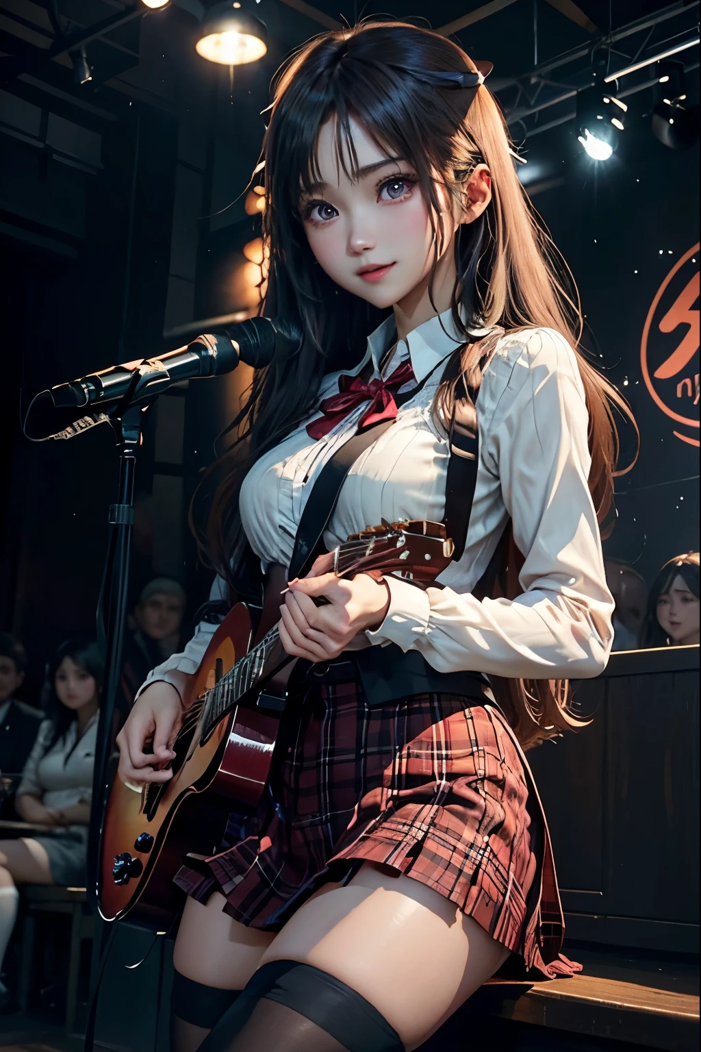High school girl blazer、uniform、Red checked knee-length skirt、Long skirt、JK Style、Jacket、smile、Knee-high socks、Thigh-high socks、pantyhose、Extremely beautiful、Super cute、ennui、Rare Beauty、Dark black eyeshadow、sad、Skin radiance、Long Hair Straight Hair、Dark Gothic Makeup、Dark Smile、Fragrant beauty、Stained glass background、masterpiece、Highest quality、See 5 books、Sweat glistening on my chest、Sweat glistening on the face、Small breasts、2、Slightly slim、Mysterious look、Sad look、Mysterious Gothic Church、enchanting castle、Excessive sweating all over the body、Thighsに大量の汗と光、光沢のあるThighs、Thighs、Thighsに大量の汗が光る、sweat profusely、Gal、Small breasts、Japanese face、Captivating look、細いThighs、play the guitar、I have a guitar、Enthusiastic singing、バンドでplay the guitar、Playing guitar chords、Background of the live music venue、Sing a song、Open your mouth、Scenery of a live music venue、Mike stand、Glamorous live stage、Dynamic Angles、Vivid straight long hair、delicate straight hair、