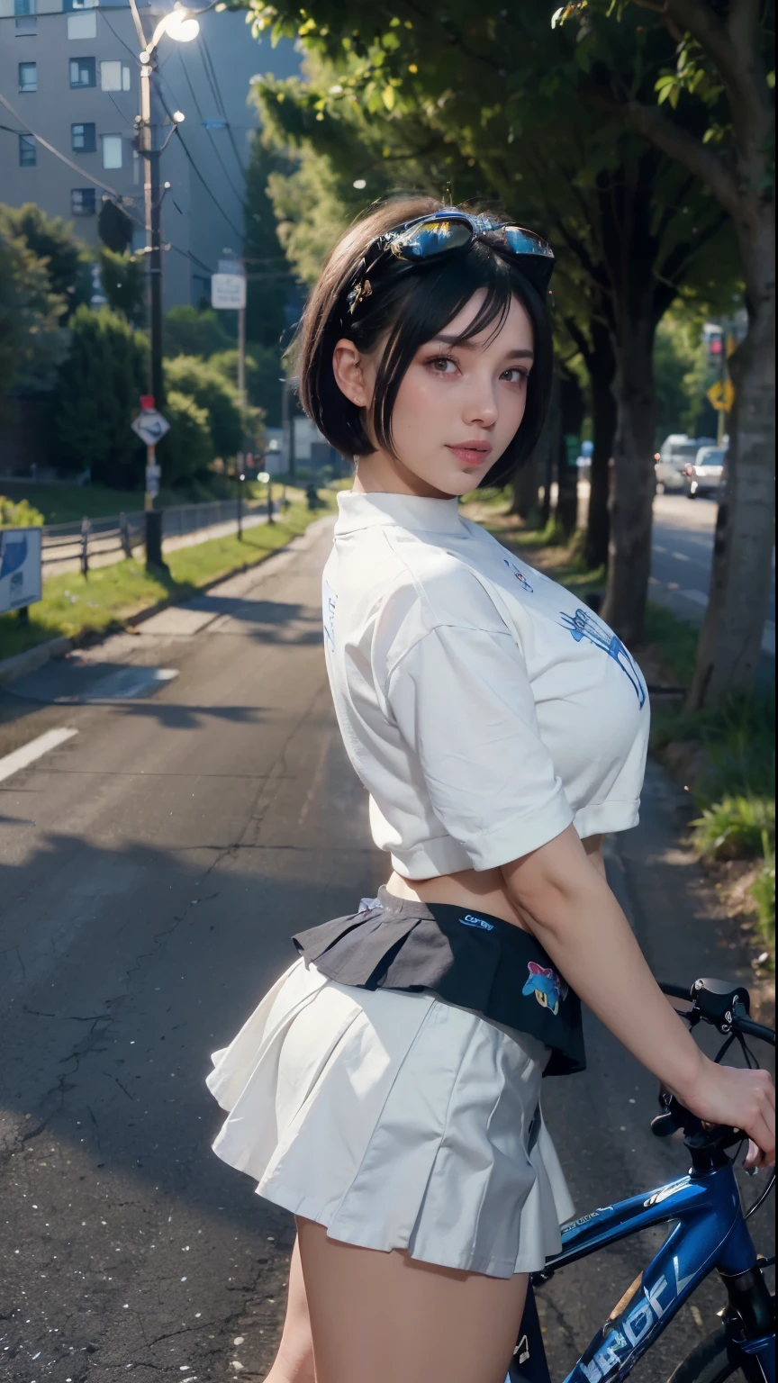  ((walking through the countryside), ((field)),, (((road))), cap with visor, (((short skirt))), butt, shaky hair, big breasts, mouth open,shy,blushing,grimacing,flare,,marker,outdoors,Blake,youthful girl,(shiny black hair,very short hair),youthful girl,happy girl,((competition bike),Blake,accessory for blue butterfly hair, Blake, bright colors, sharp focus, best quality, depth of field, cinematic lighting, (illustrated, 8k CG, highly detailed), ultra detailed, high resolution, firefly, perfect light, 8k, very clear, best quality,high resolution.best quality,illustrated,saxophone blue,single woman,cute,(dynamic lighting: 1.2),cinematic lighting,delicate facial features,sexy young woman, suny day

