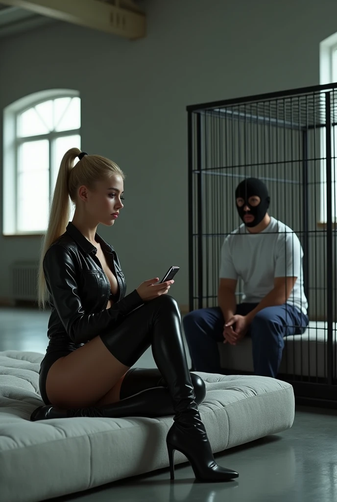 photorealistic slim tall Teen girl with blond ponytail, wearing a black leather chap-pants, serious face , confident, black thong, tight leather shirt, very big room. Big matrass. black leather heels, sitting on matras on the floor, Watching her phone. With a older man in a dog-cage near the matras, on his knees, with a black headmask with eyes and mouth hole, white shirt and dark blue sweatpants 