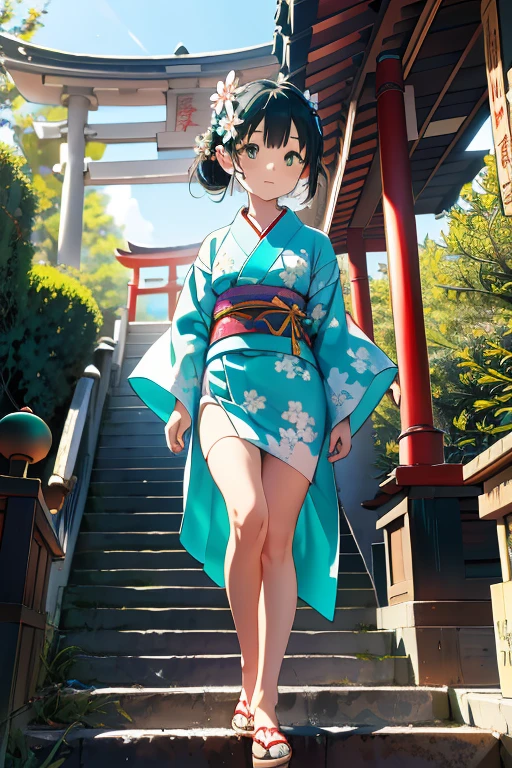 Very , alone, From below, (White lily flower), beautiful, Complex, Very short stature，Highest quality, Detailed Background, ((girl wearing a patterned teal 着物:1.2)), (Walking through a Zen garden), カジュアルなPause, Detailed Texture, Pause, Floral print，cute loincloth，Hair Flower, hair ornaments, kimono, Short kimono, Outdoor, Pagoda, petal, (Short teal kimono), sash, shrine, null, Stone stairs, torii, Wide sleeves, Short yukata，