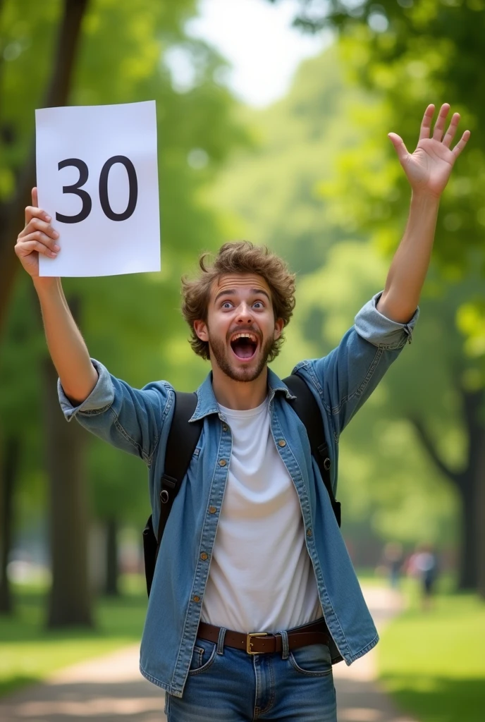 College student smiling exaggeratedly, with an exam in hand, in which he obtained a grade of 30, in a park