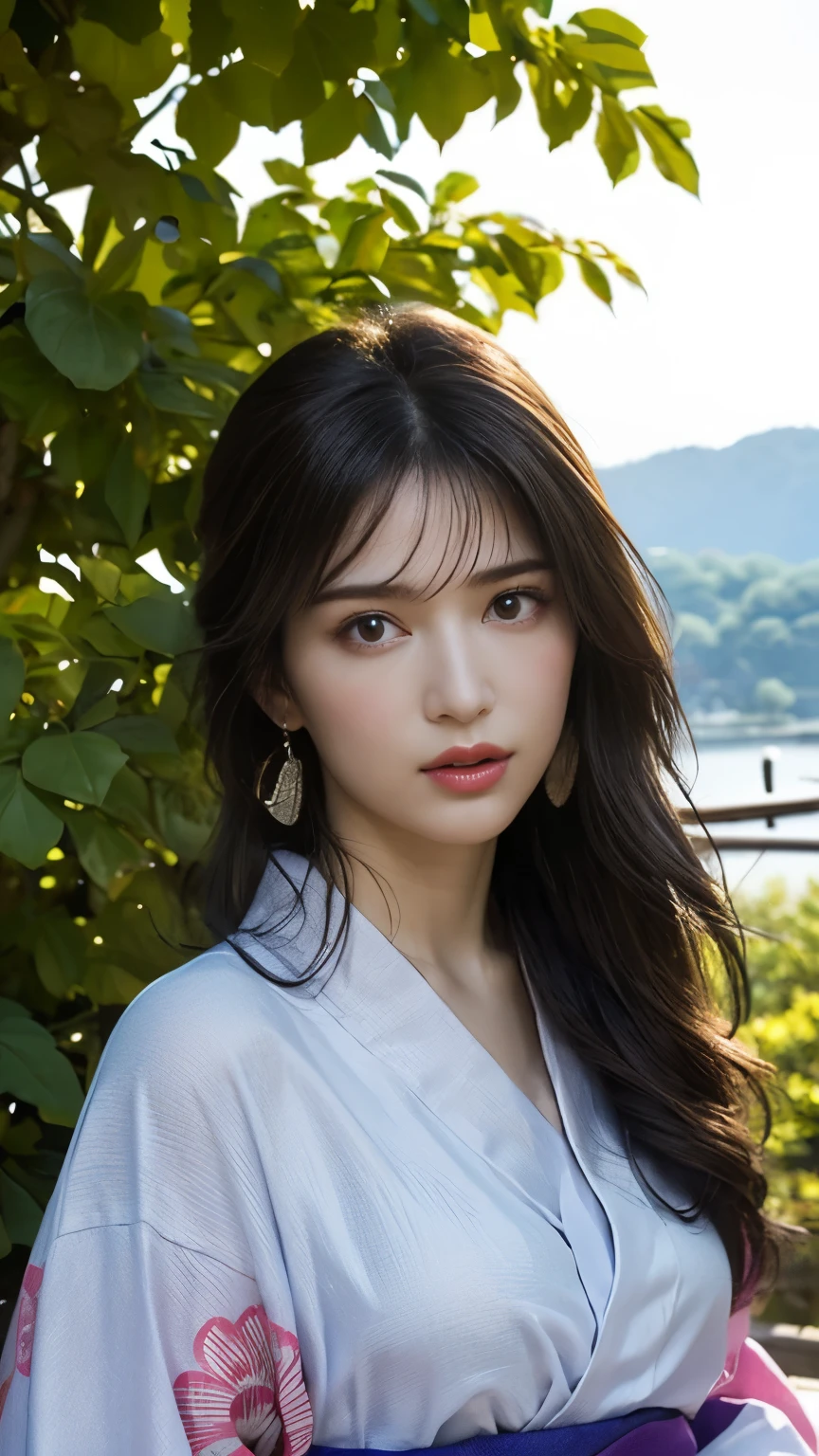 (8k, Top quality, Masterpiece:1,2), (Realistic, Photorealistic:1. 37), Super-detailed, One girl,), (Highly detailed), (Detailed and beautiful eyes), (Top quality), (Super-detailed), (Masterpiece), (Detailed face), Female ((1)), Summer season, Hair ((Black, wavy, length)), Eyes ((Black, big eyes))), clothes ((yukata made of thin summer fabric, large slits, colourful yukata kimono, colourful patterns)), emma(axi), kimono, kimono, very long hair, straight black hair, haori, summer garden in Kyoto in background