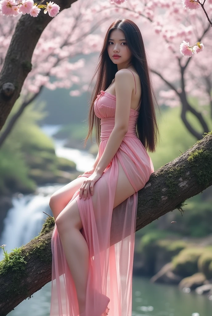 A beautiful asian and young girl.Her facial features are exquisite and fully conform to the golden ratio of human anatomy...Her long,straight long black hair, Big breasts, huge chest, fat body, beautiful scenery, big breasts, big, big , busty , big breast, big , wearing a sexy sheer silk sarong skirt,sexy pose , big breasts , big breasts, huge , full body shot, thick body, at the waterfall , laying down on a big tree branch, cherry blossoms