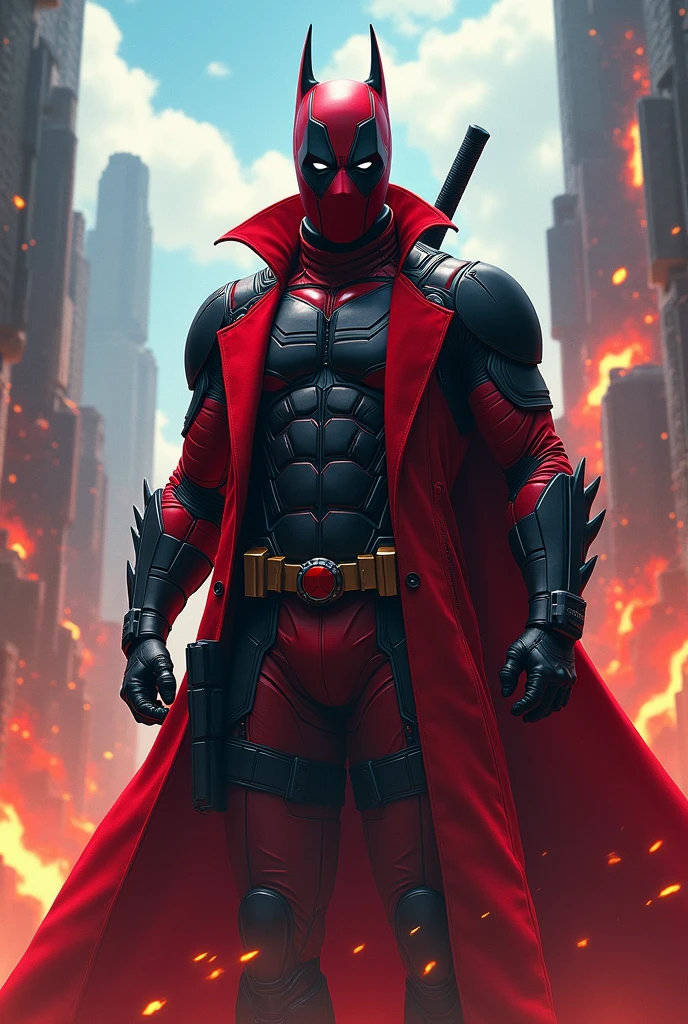 Creater batman mix Wearing a Deadpool trench coat in style dragonball