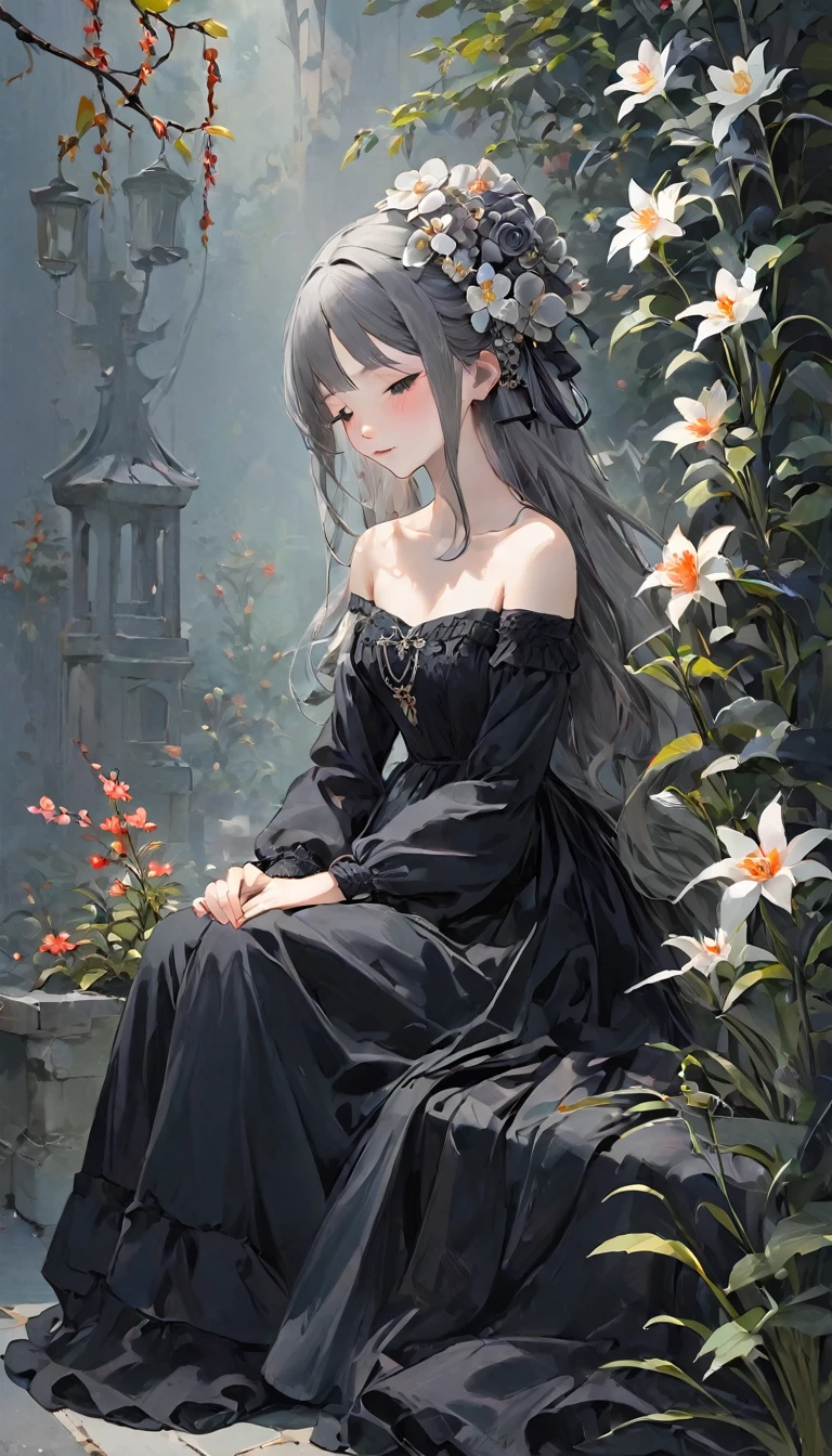 Highest quality、masterpiece、grayとvermilionの調和アート、gray、Perfect Anatomy、Eyes closed、cute、、profile、Black off-the-shoulder dress、Sitting Girl、Wabi-sabi art、gray、vermilion、white、Perfect artistic harmony、Fantasy、vermilionの花、grayの葉、Modest Flower、Simple configuration、