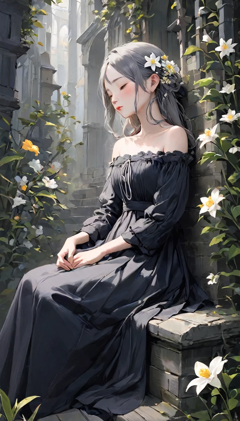 Highest quality、masterpiece、grayとvermilionの調和アート、gray、Perfect Anatomy、Eyes closed、cute、、profile、Black off-the-shoulder dress、Sitting Girl、Wabi-sabi art、gray、vermilion、white、Perfect artistic harmony、Fantasy、vermilionの花、grayの葉、Modest Flower、Simple configuration、