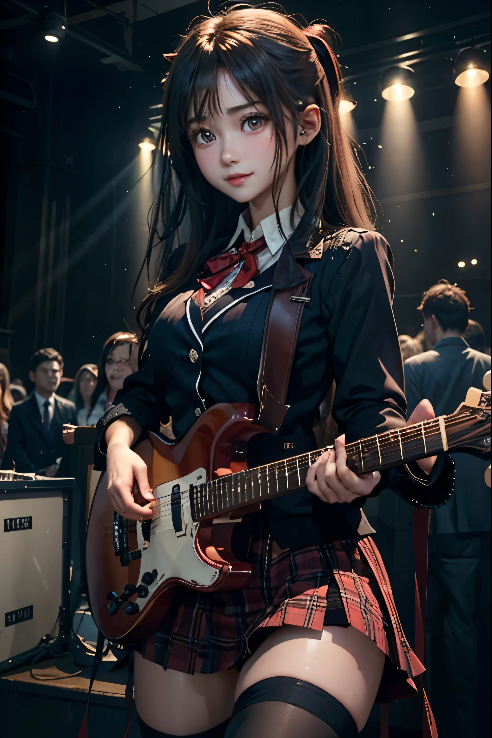 High school girl blazer、uniform、Red checked knee-length skirt、Long skirt、JK Style、Jacket、smile、Knee-high socks、Thigh-high socks、pantyhose、Extremely beautiful、Super cute、ennui、Rare Beauty、Dark black eyeshadow、sad、Skin radiance、Long Hair Straight Hair、Dark Gothic Makeup、Dark Smile、Fragrant beauty、Stained glass background、masterpiece、Highest quality、See 5 books、Sweat glistening on my chest、Sweat glistening on the face、Small breasts、2、Slightly slim、Mysterious look、Sad look、Mysterious Gothic Church、enchanting castle、Excessive sweating all over the body、Sweat dripping down thighs, shining in the light、Shiny thighs、Thighs、Sweat on thighs, shining brightly、sweat profusely、gal、Small breasts、Japanese face、Captivating look、Thin Thighs、play the guitar、I have a guitar、Enthusiastic singing、play the guitar in a band、Playing guitar chords、Background of the live music venue、Sing a song、Open your mouth、Scenery of a live music venue、Mike stand、Glamorous live stage、Dynamic Angles、Vivid straight long hair、delicate straight hair、