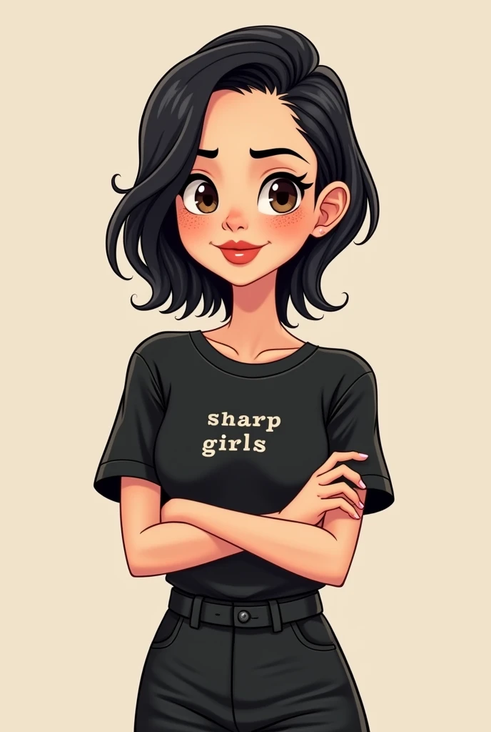 Cute female avatar, with black hair, slickedback hair, freckles on the face, plain black sleeve t-shirt, and the name SHARP GIRLS in small on the side of the shirt on the chest, brown mouth, Crossed arms, cute avatar
