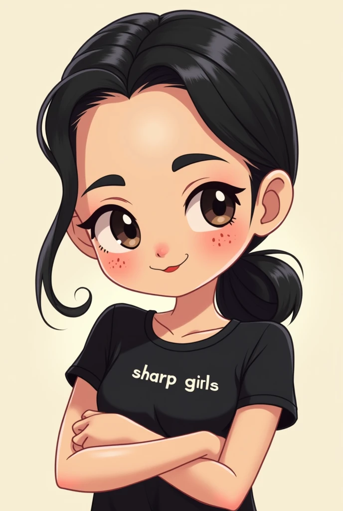 Cute female avatar, with black hair, slickedback hair, freckles on the face, plain black sleeve t-shirt, and the name SHARP GIRLS in small on the side of the shirt on the chest, brown mouth, Crossed arms, cute avatar
