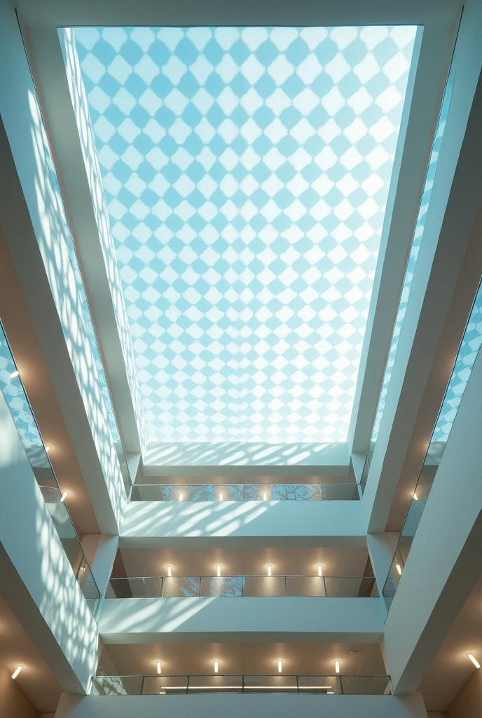 circular polycarbonate skylight in a quadruple height square shape in a hospital