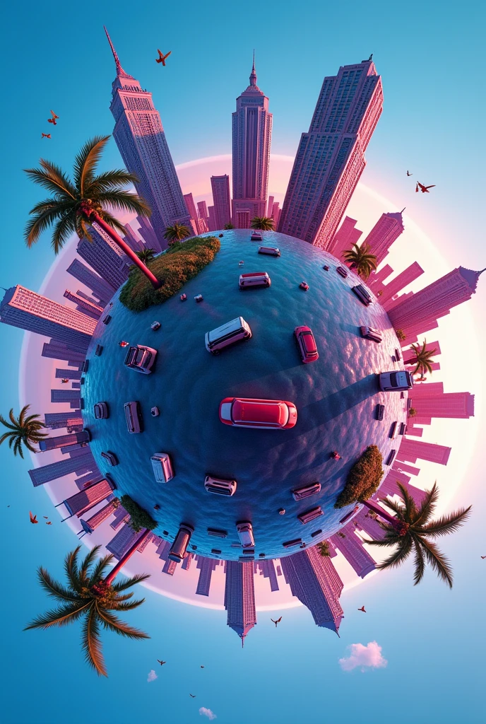 a 360 fisheye globe effect with nyc buildings synths palm trees
pool birds and cars sticking out 3d plastic shading all bright colors neon blue purple red keyshot render