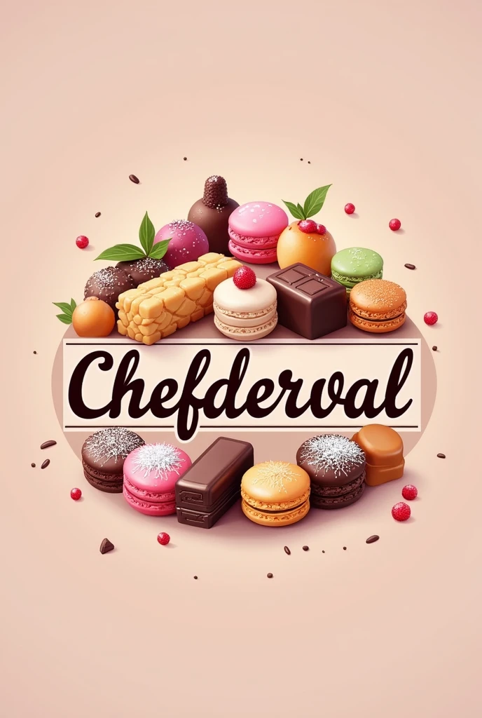 Create a logo with the name CHEFDERVAL with confectionery items 