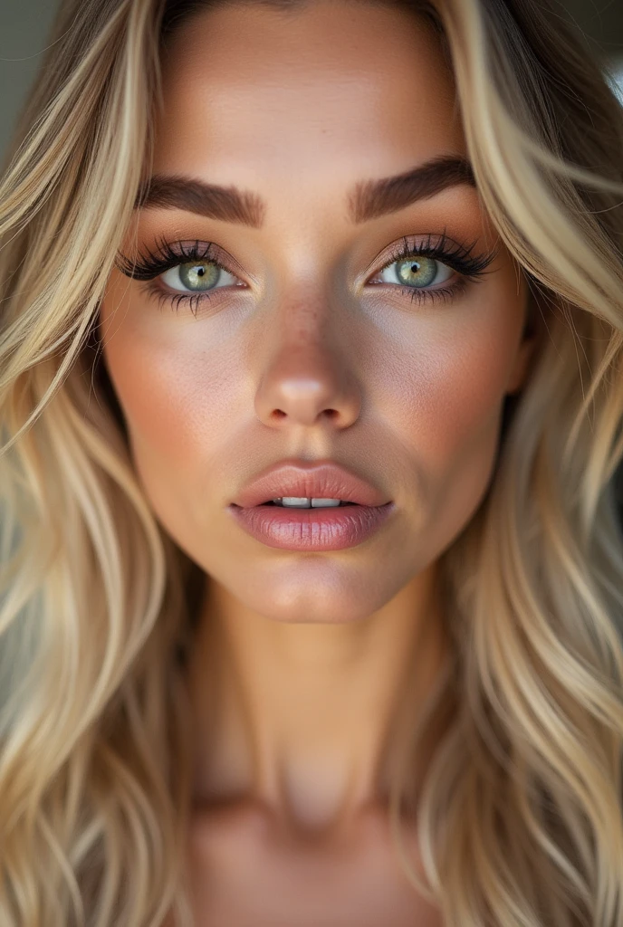 (best qualityer))), highly detailed, high resolution. 25 year old female, blondie hair, clear green eyes, fleshy lips, heavy make-up, Create a makeup magazine cover with viral makeup products called Yanbal Viral Glow, including the name of the magazine on the cover.