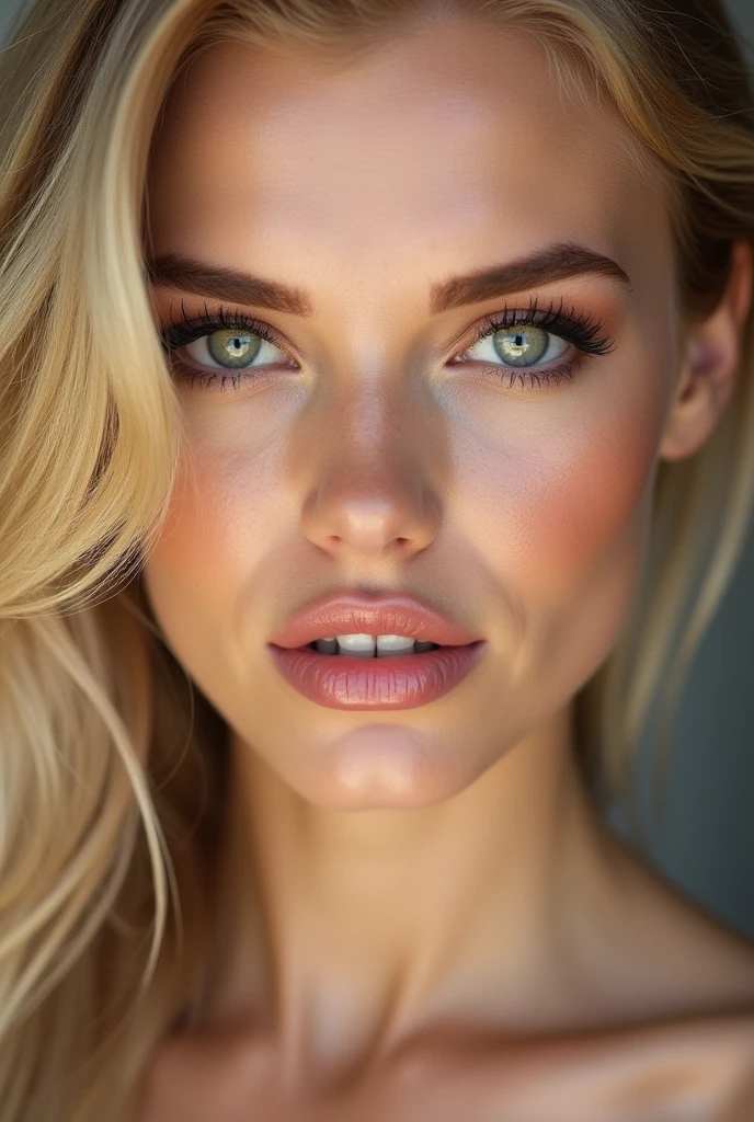 (best qualityer))), highly detailed, high resolution. 25 year old female, blondie hair, clear green eyes, fleshy lips, heavy make-up, Create a makeup magazine cover with viral makeup products called Yanbal Viral Glow, including the name of the magazine on the cover.