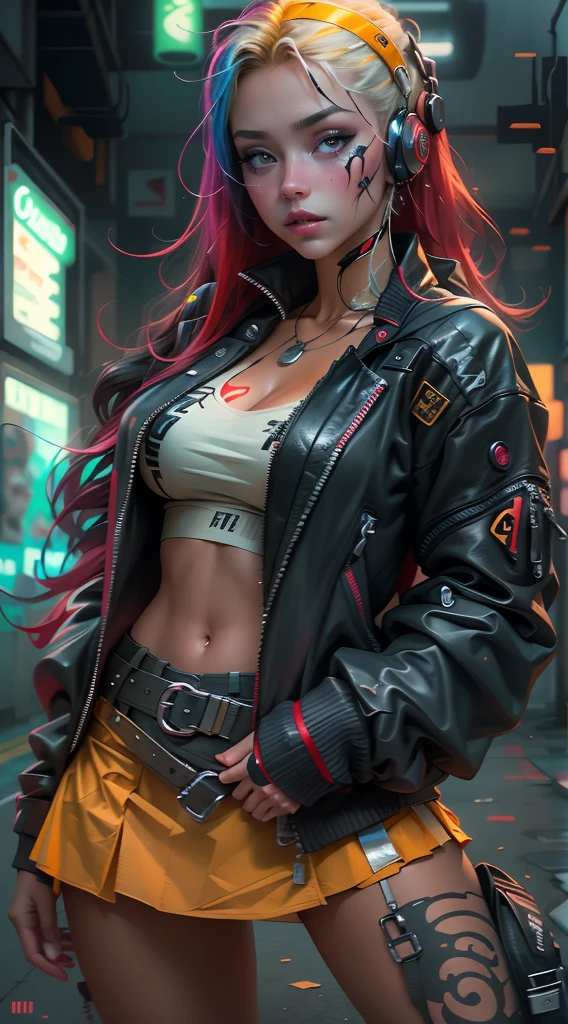 unreal engine:1.4,CG ultra realistic 64K, photorealistic:1.4, skin texture:1.4, masterpiece:1.4,Beautiful woman with babydoll lingeries、Short yellow cyberpunk style clothing, pantimedias red , mini skirt blue,