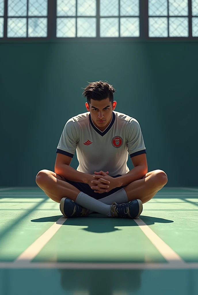 A Futsal player sitting thoughtfully on a futsal court