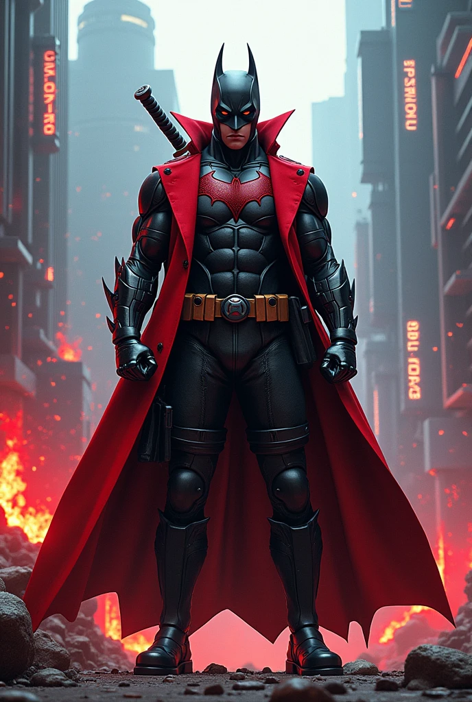 Creater batman mix Wearing a Deadpool trench coat in style dragonball