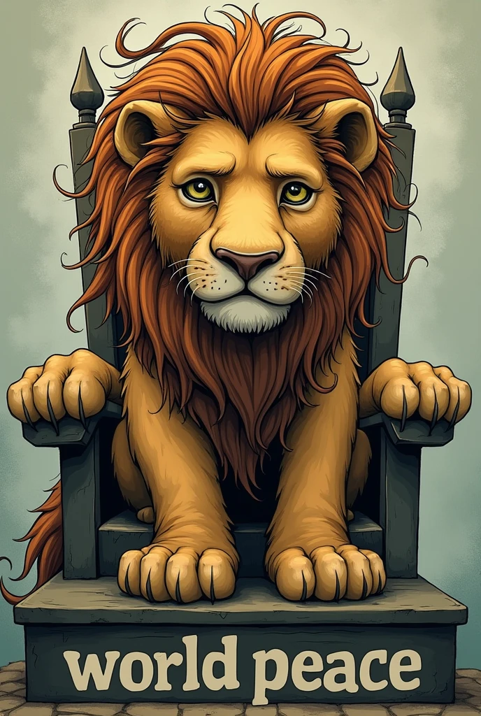 a large cartoon lion representing the League of Nations, sitting on a throne with the inscription "World peace". The lion looks fragile and tired, with a sad expression on his face. Her hair is tangled and disheveled., which symbolizes his lack of strength and determination.