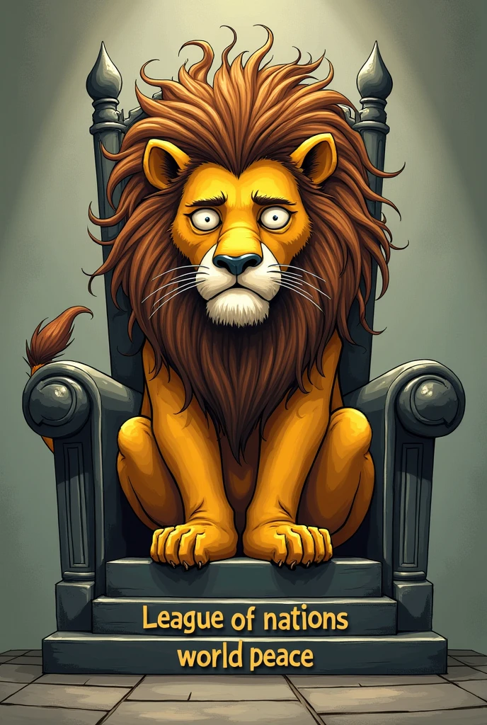 a large cartoon lion representing the League of Nations, sitting on a throne with the inscription "World peace". The lion looks fragile and tired, with a sad expression on his face. Her hair is tangled and disheveled., which symbolizes his lack of strength and determination.