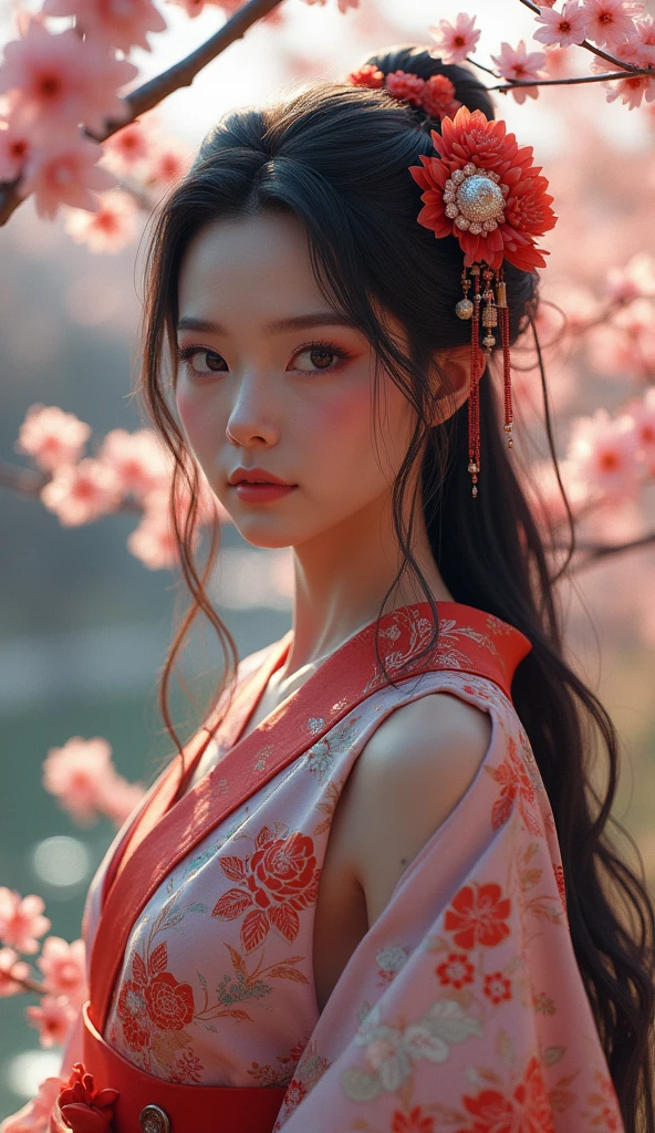 Japanese Landscape、kimonoを着ている、cherry blossoms、Unreal Engine:1.4,Hmph,Highest quality:1.4, From photorealism:1.4, Skin Texture:1.4, masterpiece:1.8, 1 female, Move up by one&#39;Waist high, Beautiful Eyes, Long-haired person, Ring-shaped eyes, gem, tattoo, kimono