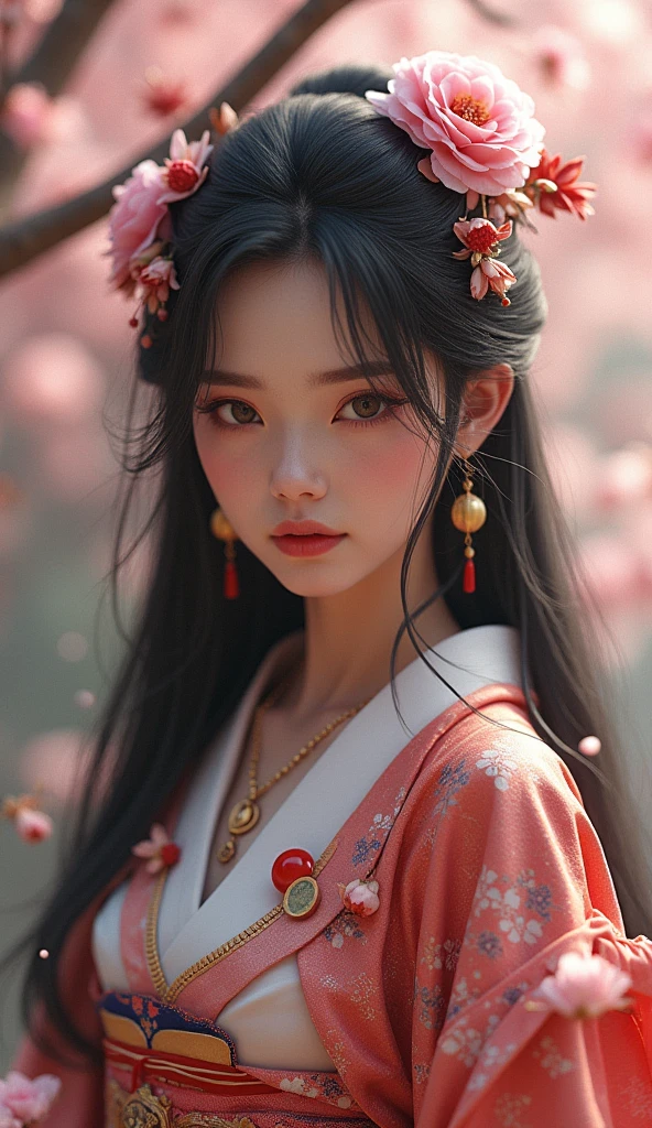 Japanese Landscape、kimonoを着ている、cherry blossoms、Unreal Engine:1.4,Hmph,Highest quality:1.4, From photorealism:1.4, Skin Texture:1.4, masterpiece:1.8, 1 female, Move up by one'Waist high, Beautiful Eyes, Long-haired person, Ring-shaped eyes, gem, tattoo, kimono