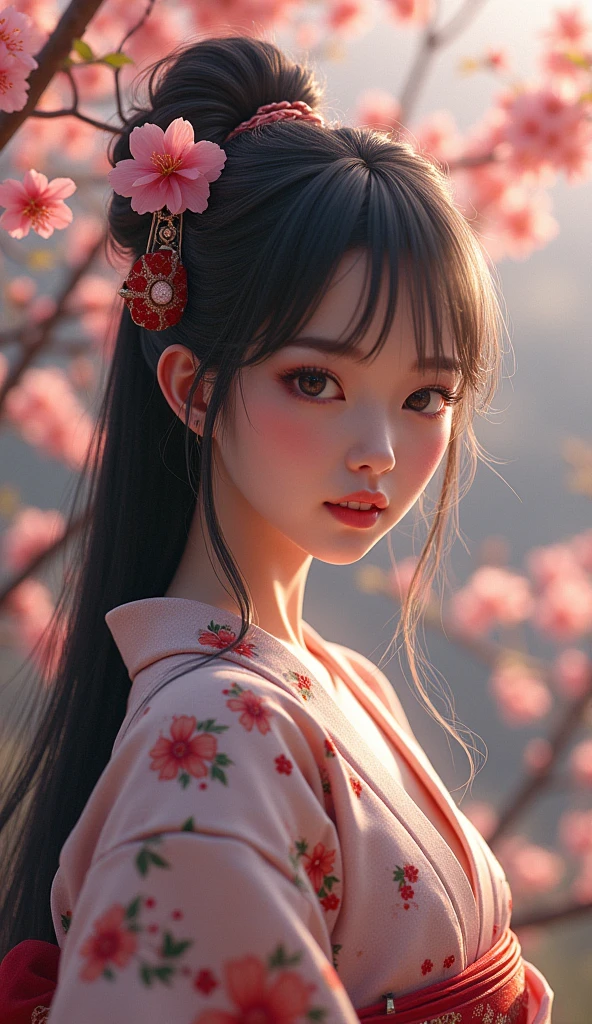 Japanese Landscape、kimonoを着ている、cherry blossoms、Unreal Engine:1.4,Hmph,Highest quality:1.4, From photorealism:1.4, Skin Texture:1.4, masterpiece:1.8, 1 female, Move up by one&#39;Waist high, Beautiful Eyes, Long-haired person, Ring-shaped eyes, gem, tattoo, kimono