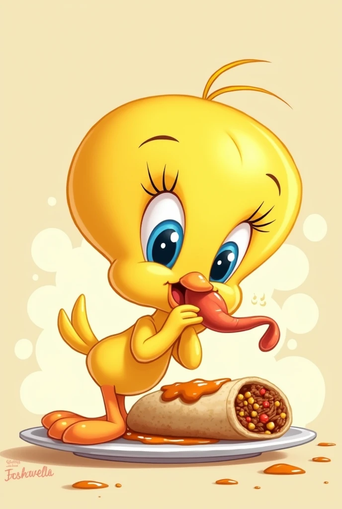 Create a cartoon image of a cute yellow Tweety bird eating a carne asada burrito