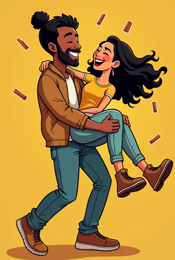Cartoon of a couple of best friends, a dark-skinned man and a white woman who make a podcast called Café y Canela with the colors yellow and black and they laugh non-stop while the man carries the woman