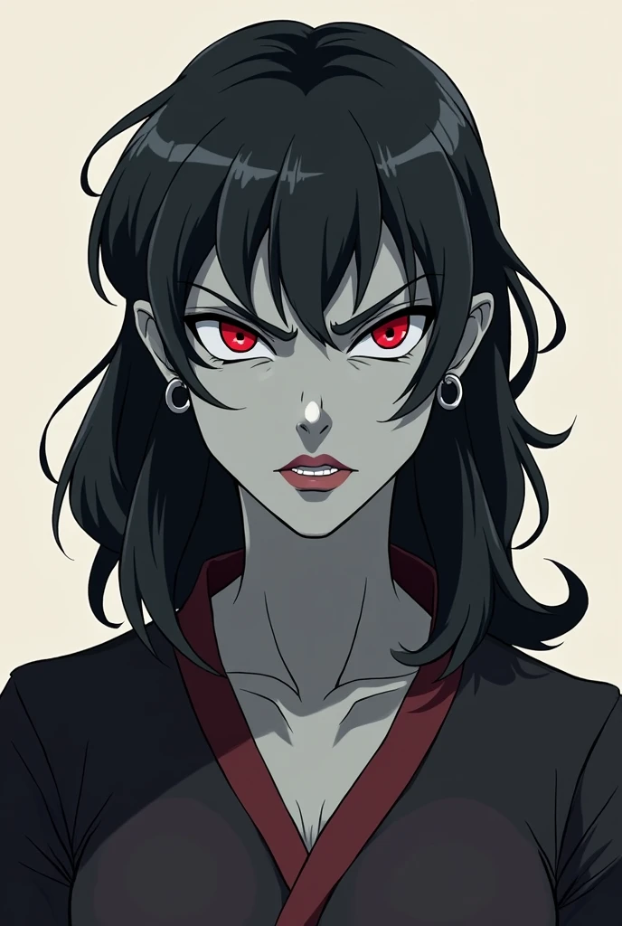 Create a full-length anime-style front-facing image of a gray tieflyn woman with red eyes and shoulder-length black hair who is slightly older without pointy ears and has an angry expression.