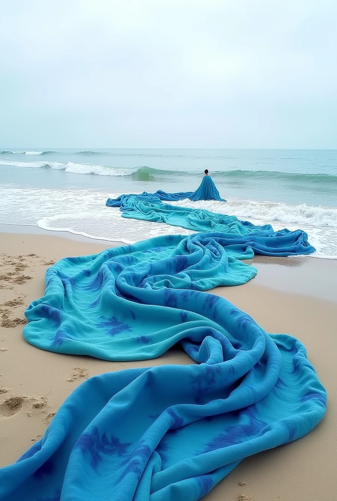 Land art with shibori fabrics on the beach


