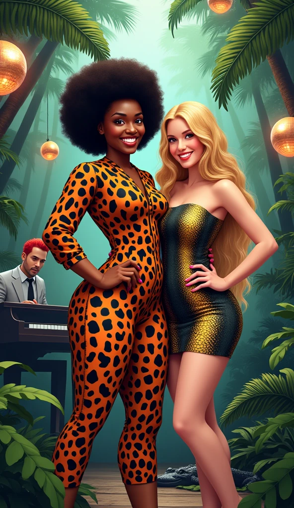 create the visual of two women, not sexy, one is mixed race with an afro fatbody, she is wearing a leopard print jumpsuit she is smiling and looking at the camera next to her there is a blonde woman she is smiling she is looking at the camera she has white skin and she wears a snake print dress in the environment it's a jungle with disco balls and lights and a crocodile in the background there is a red-haired man playing the piano