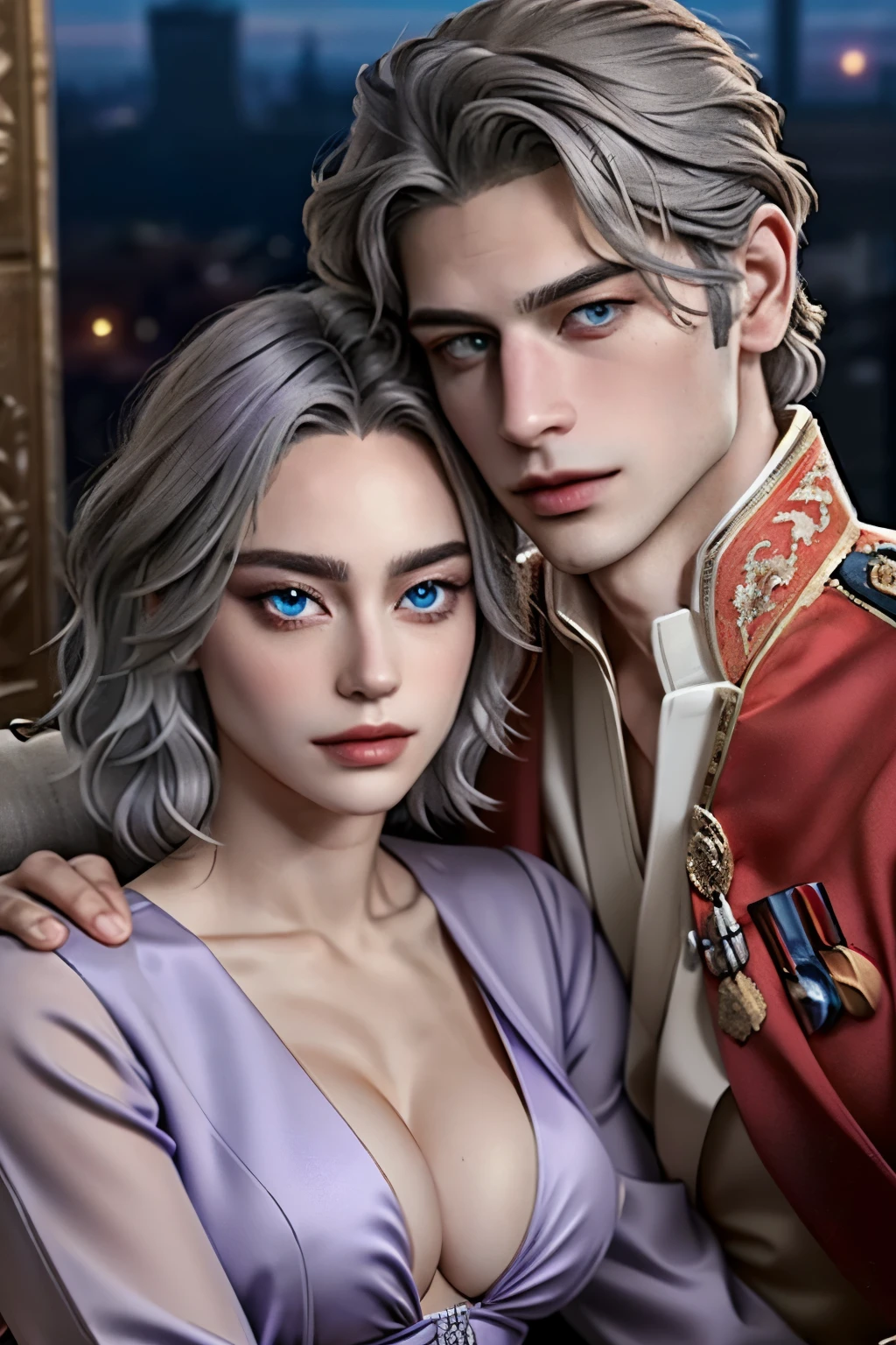 ((hyper  realistic)), (masterpiece), (5K), (best quality), detailed,(perfect face), 2d Couple, ((a young gray hair couple)), ((a gray long hair woman , vivid eyes, small , purple dress)), brown eyes, ultra well detailed eyes, ((a short gray hair guy, wearing a prince cloth, royal clothes)),((a man with a short hair)), beautiful couple pose, (summer night walk),((perfect eyes))