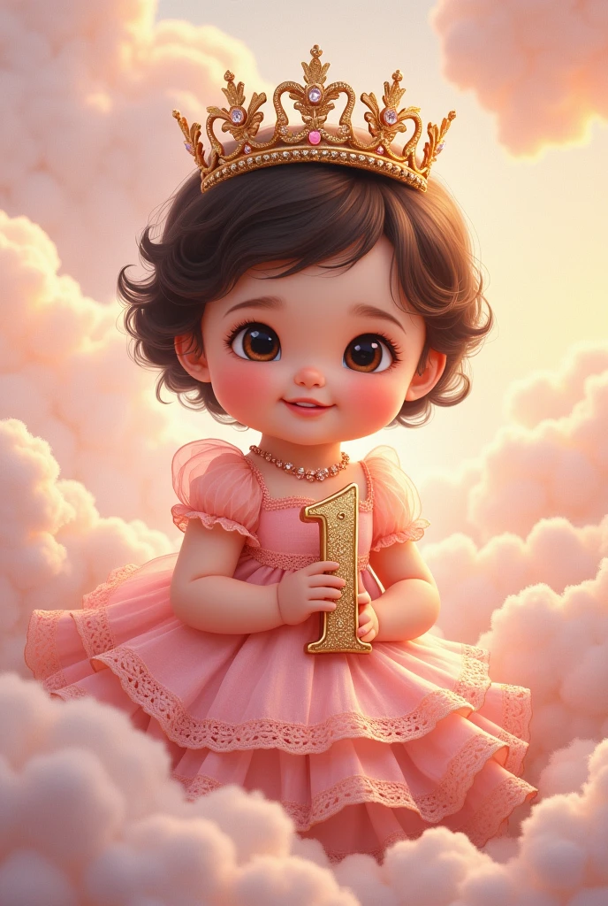 image of baby princess Aurora, for his first year with short black hair, White skin, pink dress, clouds, crown and the thick number 1 and happy birthday and the name Aurora in Spanish