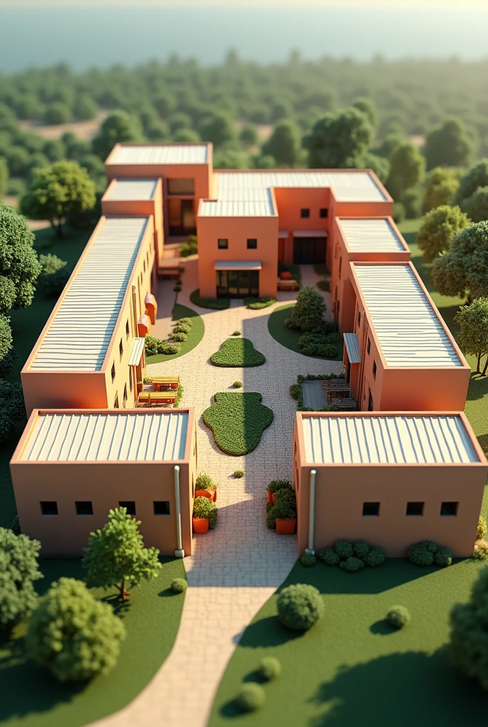 creates a 3D model of a campus based on Uruguayan society, for women victims of domestic violence, with individual housing modules, 
Surrounded by a central courtyard with a garden, include a main building with areas for psychological care, medical and legal, a multipurpose room and a children&#39;s play area
