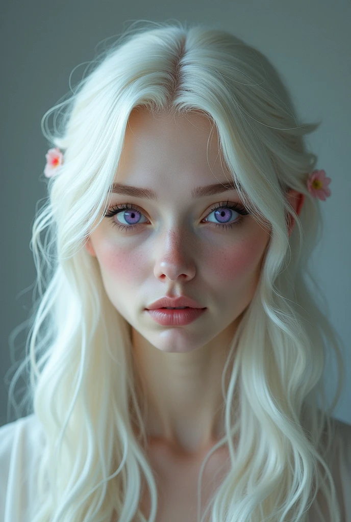 white footed woman, neither robust nor thin, with white hair, purple eyes
