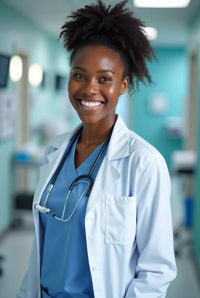 A real picture of an African American nurse in the hospital smiling