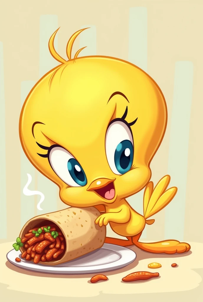 Create a cartoon image of a cute yellow Tweety bird eating a carne asada burrito