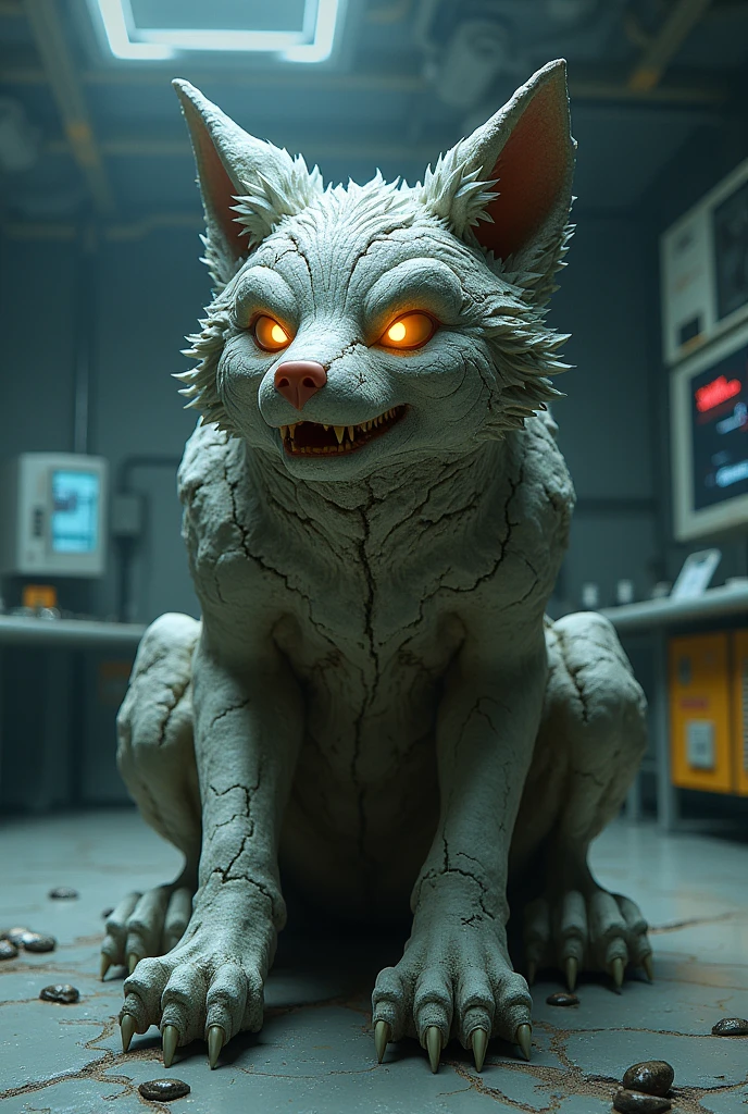 A fox made of rock that is in an evil scientific laboratory.