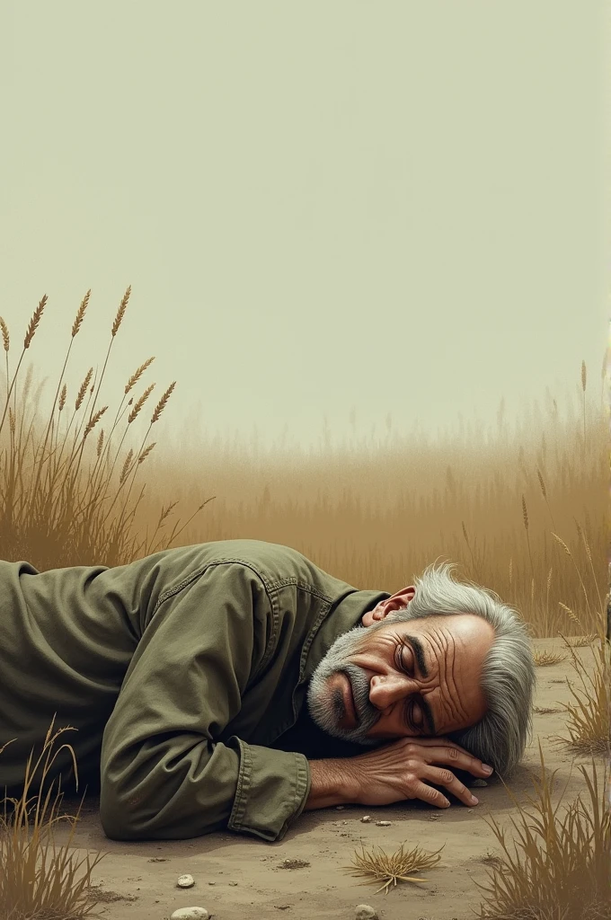 An old man with dirty and torn clothes lying on the ground of a field who seems to be asleep