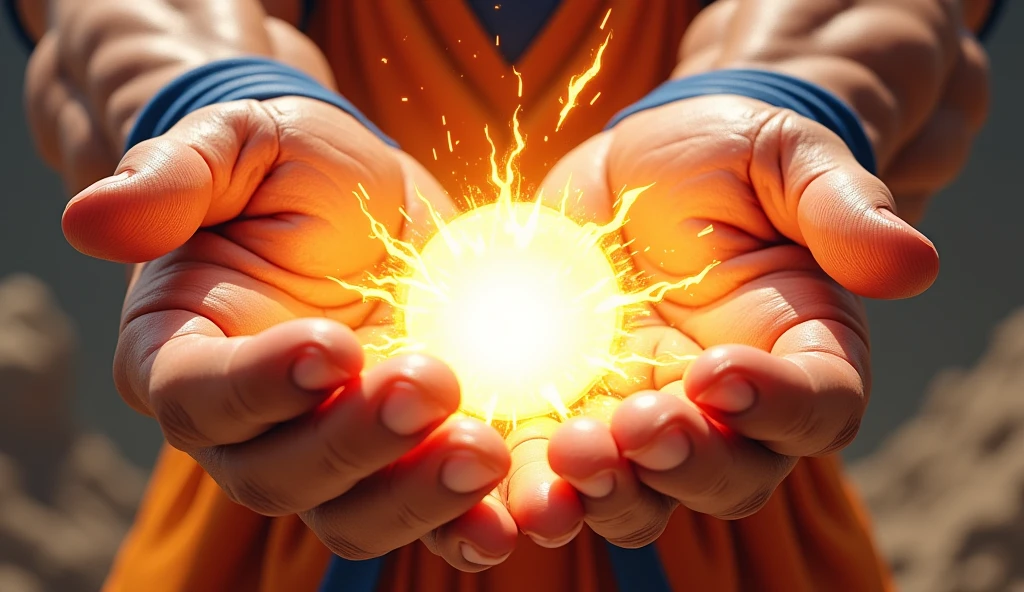 
very super close-up image of Son Goku&#39;s hands\(Dragon sphere\(sleeved\), muscular,yelling,Jumpy\) ,pose de Kamehameha, firing a beam of energy from his hands,realistic art style, generate only hands