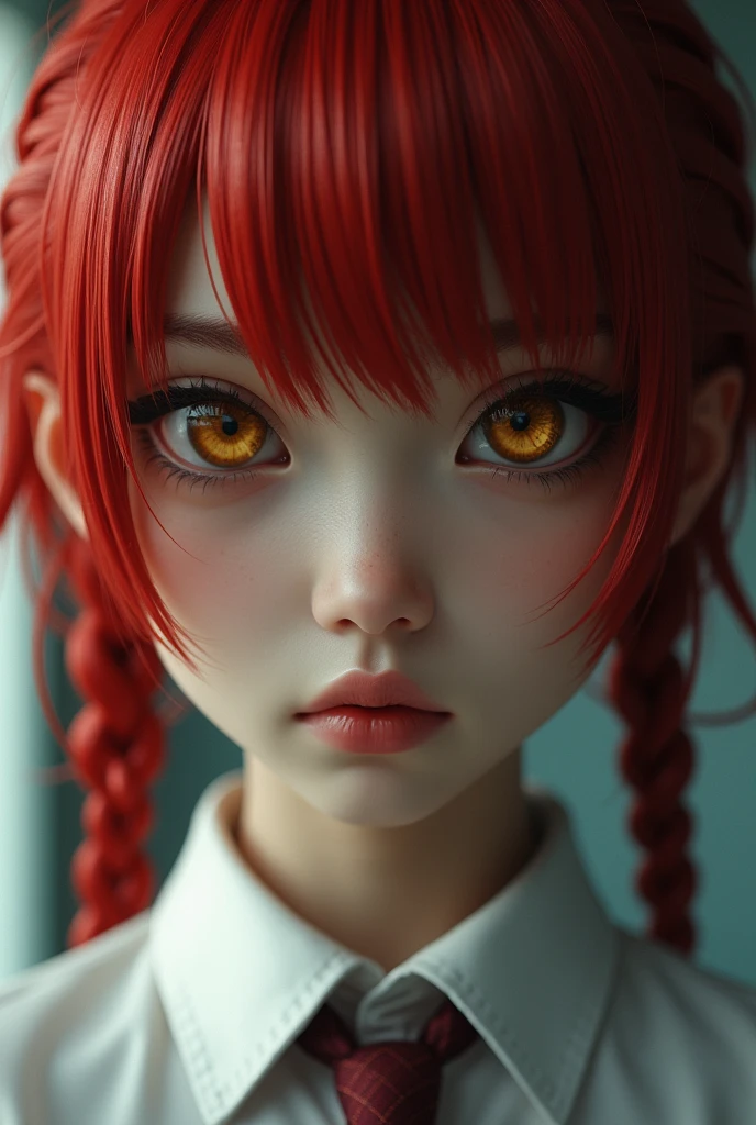 A beautifully detailed, photorealistic 8K masterpiece portrait of Makima from Chainsaw Man, with red braided hair, bangs, and piercing yellow and golden ringed eyes. She wears a white shirt and necktie, with intricate skin texture and pores. The image is shot with cinematic lighting, sharp focus, and a subtle bokeh effect, creating a captivating and visually stunning artwork.