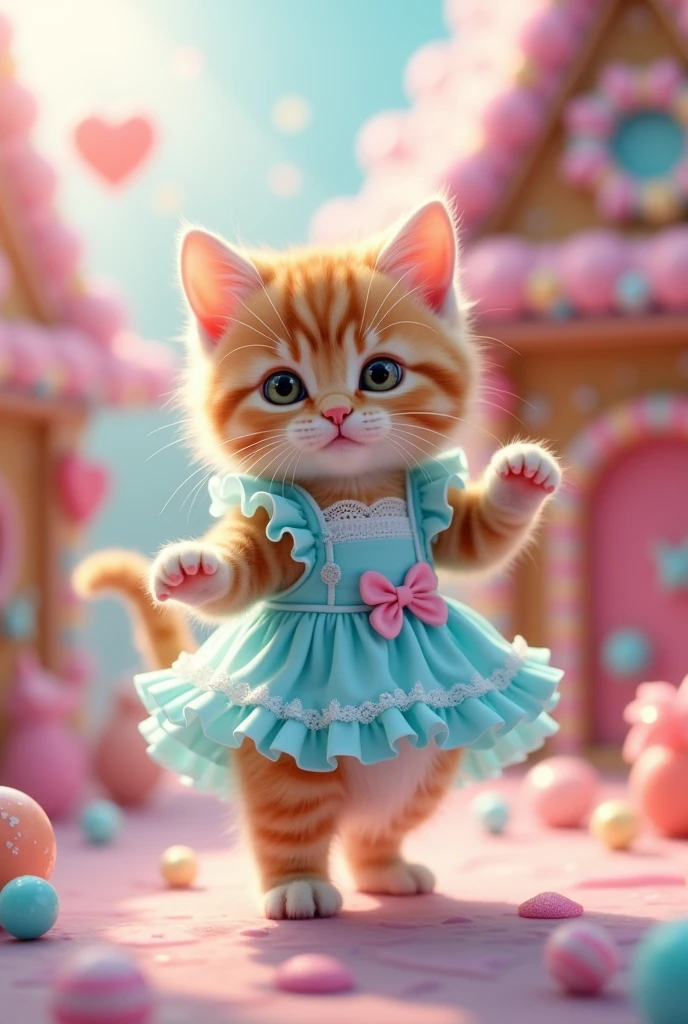 A small kitten stands on its hind legs,The cutest kitten I&#39;ve ever seen,Adorable appearance!!!,
Cute candy house background,He dances,
She is wearing a frilly outfit like a cute idol in light blue.